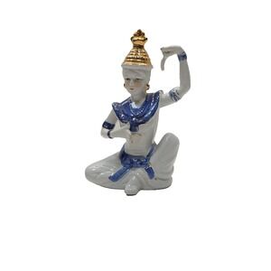 Vintage Porcelain Thai Temple Dancer Figurine, White Blue & Gold, 8 Inch Tall